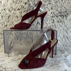 Michael Kors Becky 9 Cranberry Red Suede Peep Stilettos Party Cross Sandals MK